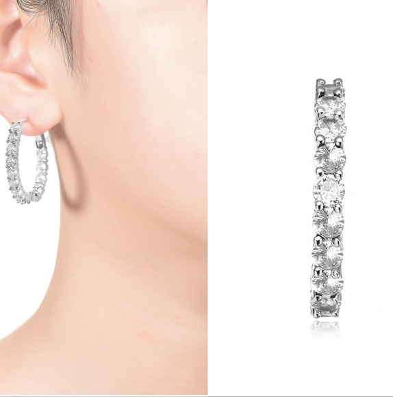 Rachel Glauber Jewelry - Rg White Gold Plated with Diamond CubicZirconia Inside Out Hoop Earrings